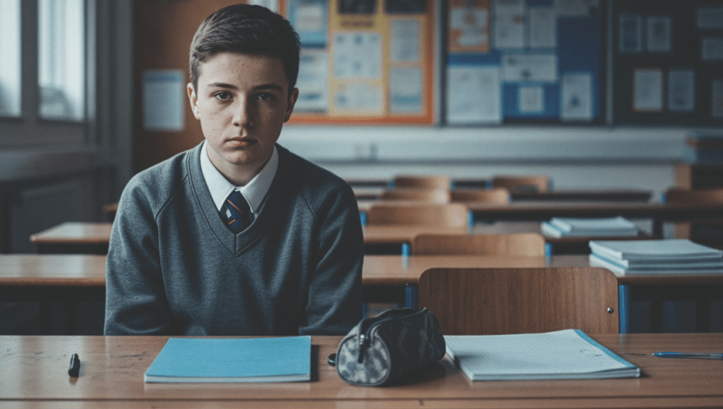 A schoolboy is sitting at a desk in a school looking sad. He has a note pad in front of him. There is another notepad next to him. There is obviously somebody missing from the photo.