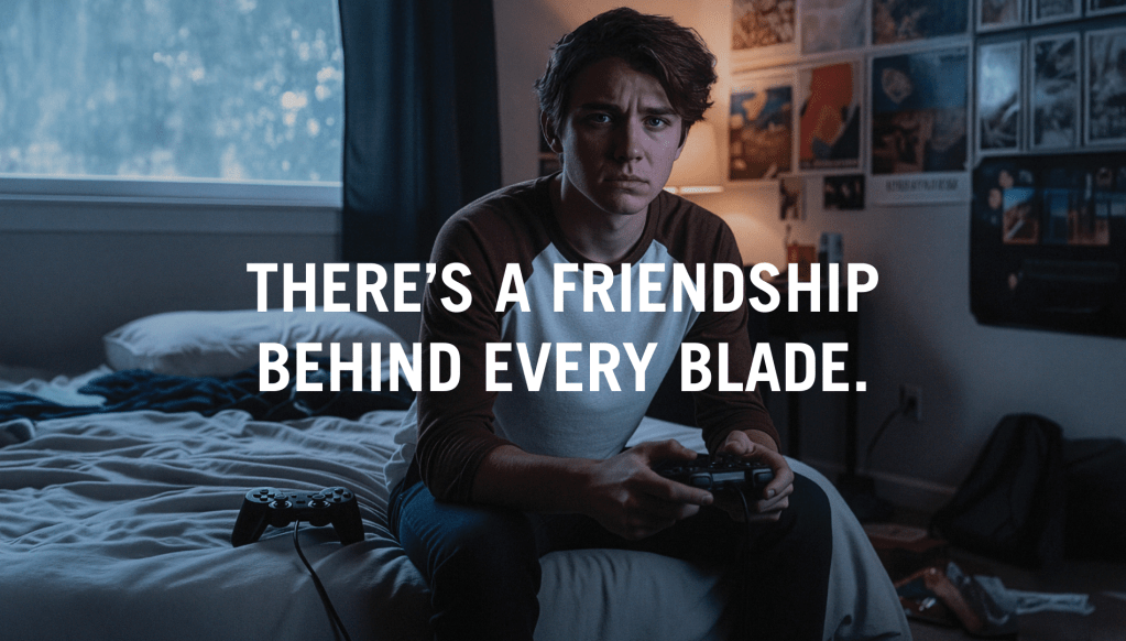 Male is sitting on a bed looking sad holding a games console controller. There is another controller next to him on the bed. There is obviously somebody missing. Text "There's a friendship behind every blade".